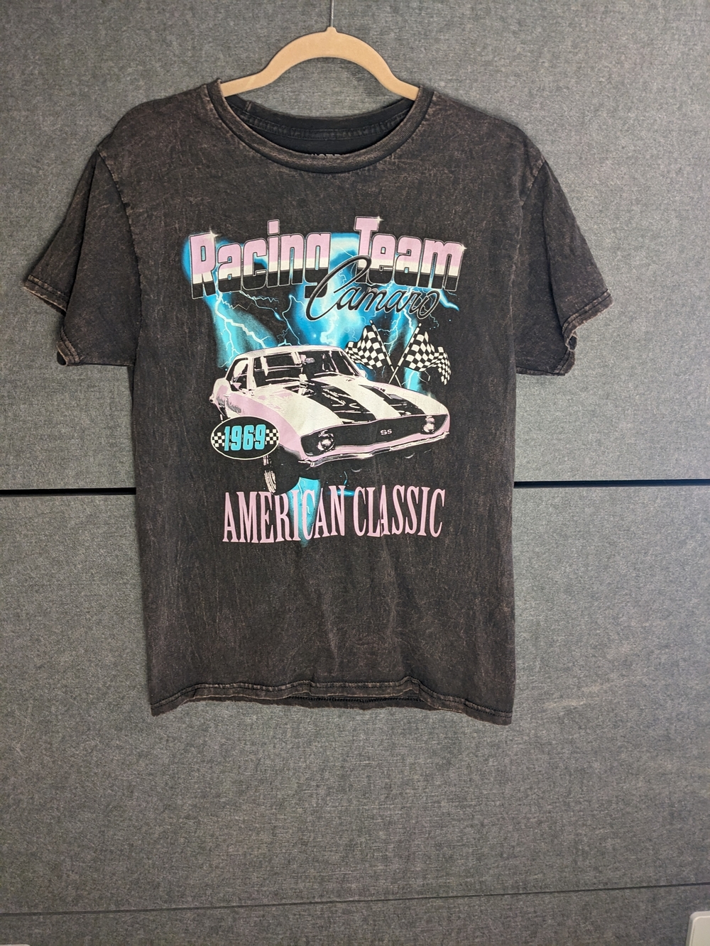 Chemistry Black Tee with Pink and Teal Racing Graphic